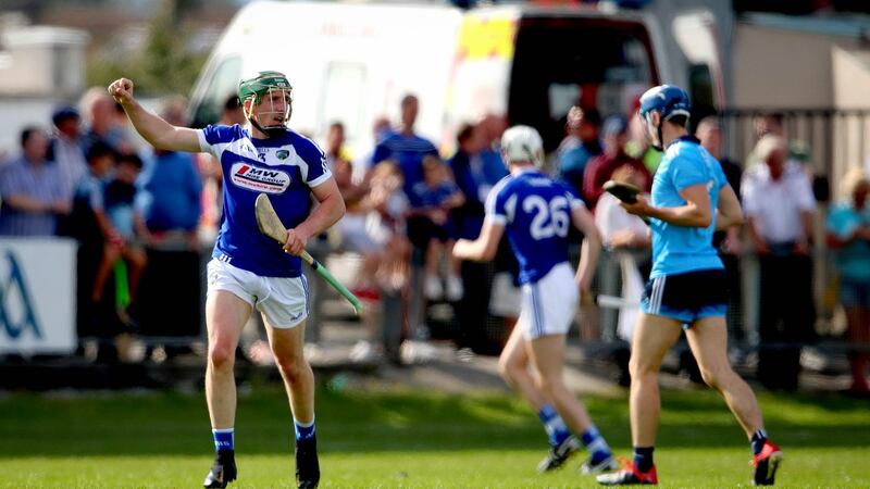 Willie Dunphy of Laois celebrates a score in Portlaoise. Photograph: Ryan Byrne/Inpho