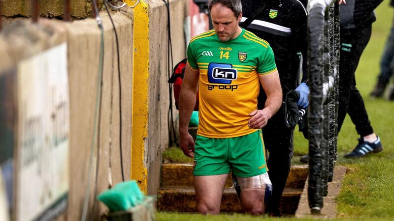 Donegal’s Michael Murphy heads to the dressingrooms at half-time having earlier come off with a hamstring injury. Photograph: Tommy Dickson/Inpho