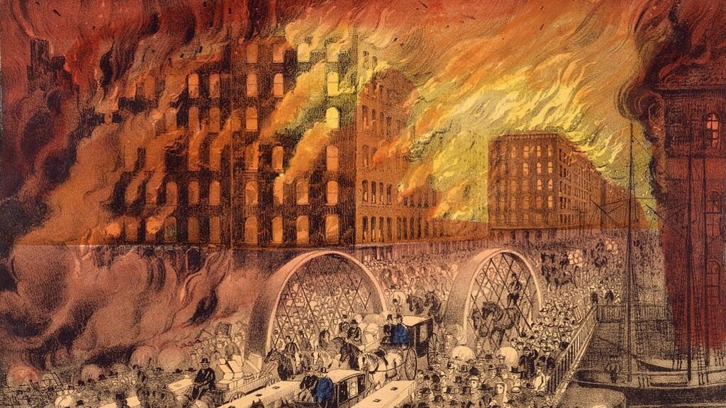 A contemporary lithograph shows people fleeing across the Randolph Street Bridge during the Great Chicago Fire of October 8th, 1871