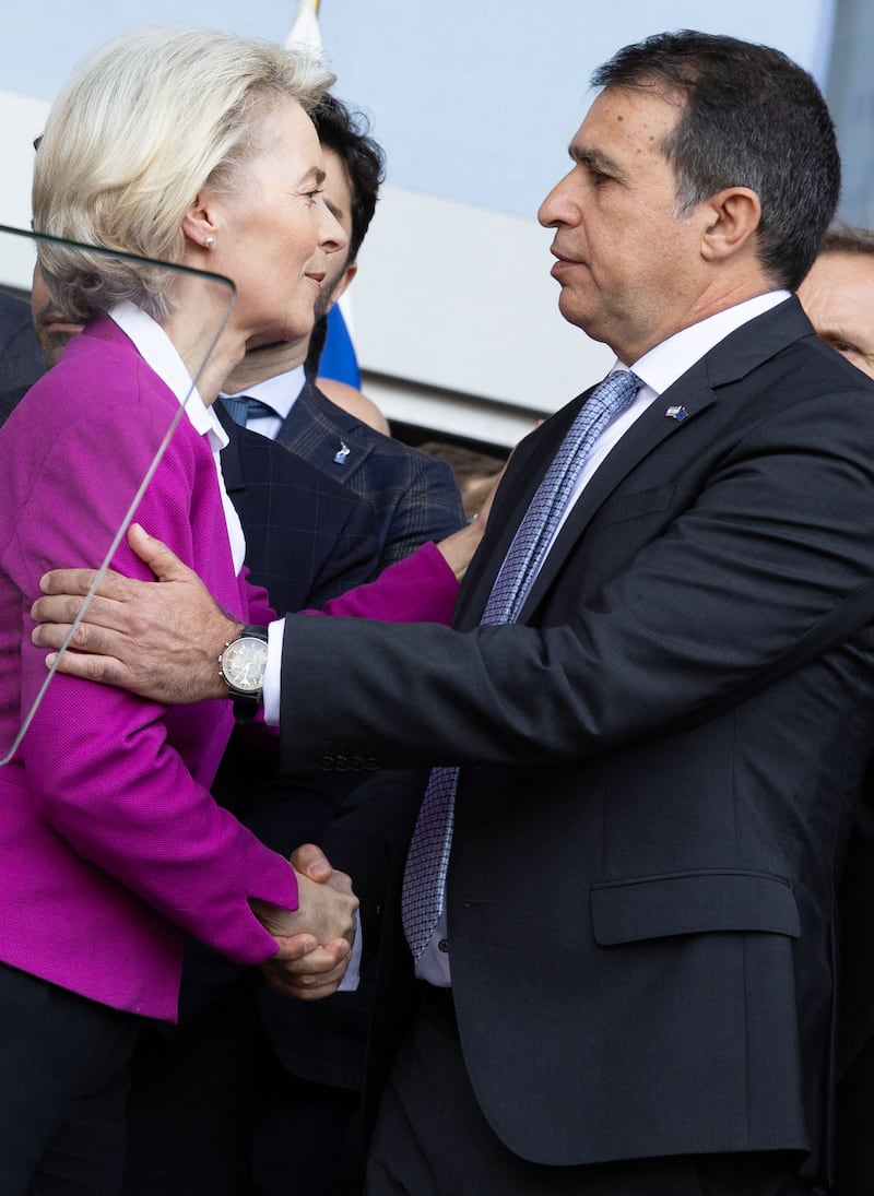Ursula Von der Leyen shakes hands with Ambassador Head of the Mission of Israel to the EU and Nato, Haim Regev, during a tribute to the victims of the Hamas attacks in Israel at the European parliament. Photograph: Benoit Doppagne/Belga/AFP via Getty Images