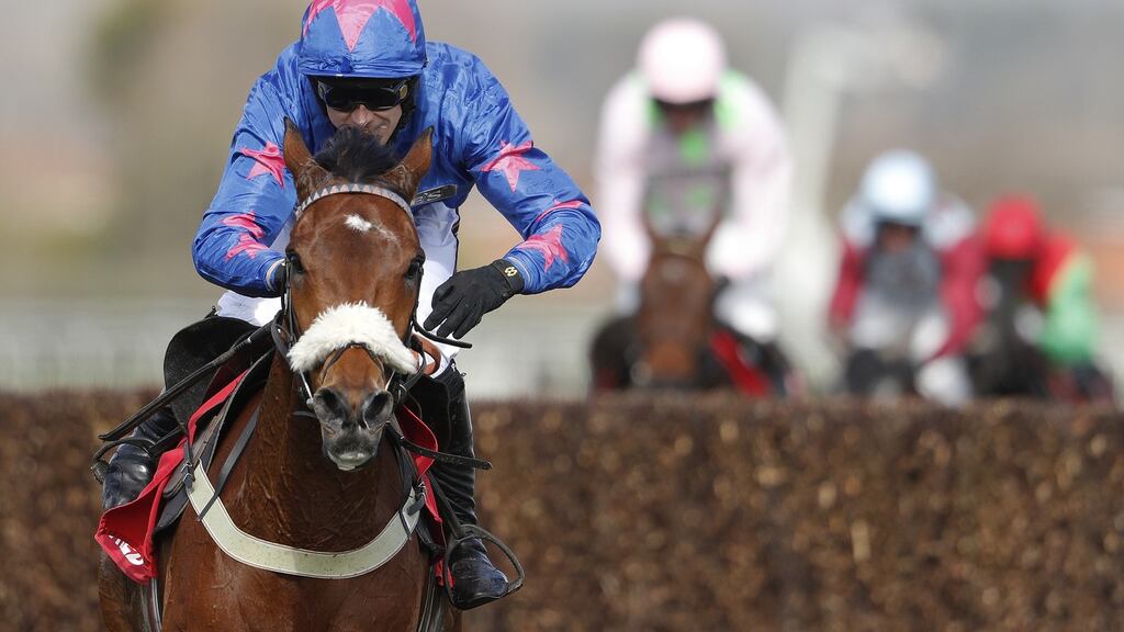 Paddy Brennan riding Cue Card to win at Aintree in April. “I couldn’t be happier with him,” says the jockey. Photograph:  Alan Crowhurst/Getty Images.