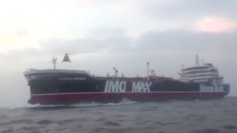 A helicopter hovers over the British-flagged tanker Stena Impero near the strait of Hormuz July 19, 2019, in this still image taken from video. Photograph: Pool via WANA/Reuters TV/Reuters