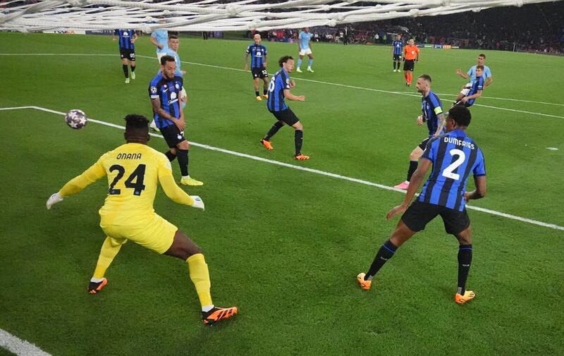 Rodri of Manchester City scores during the UEFA Champions League  final against Inter Milan at Ataturk Olympic Stadium in Istanbul, Turkey. Photograph: Matthew Childs/Getty 