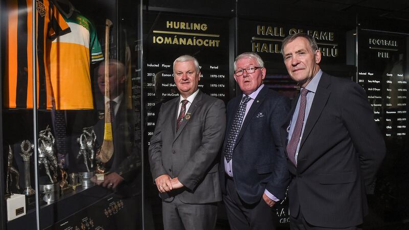 GAA president  Aogán Ó Fearghail, left, with former Offaly hurler Padraig Horan and former Kilkenny hurler Frank Cummins who were inducted into the  the GAA Museum Hall of Fame  at Croke Park. Photograph:  Matt Browne/Sportsfile