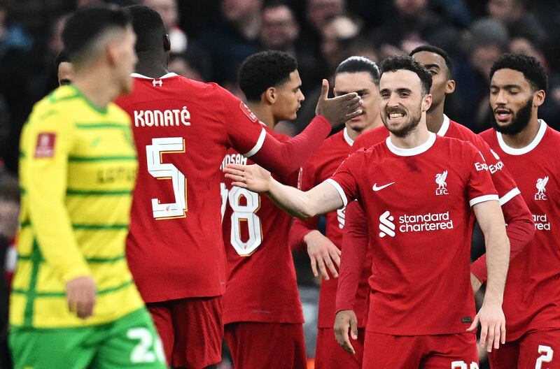 Diogo Jota celebrates scoring the Liverpool's third goal against Norwich. The in-form striker scored again in the midweek thrashing of Chelsea. Photograph: Paul Ellis/AFP