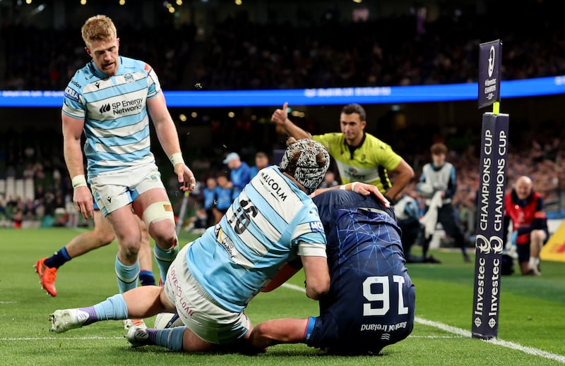 Dan Sheehan scores Leinster's seventh try against Glasgow in April. Photograph: James Crombie/Inpho
