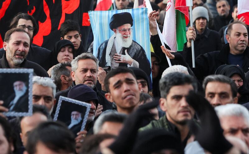 Iranians gather at Enghelab Square in Tehran, Iran, after Ali Khamenei was killed on Saturday. Photograph:Majid Asgaripour/Reuters