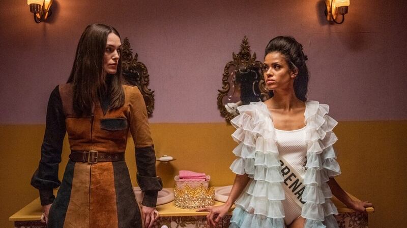 Keira Knightley as Sally Alexander and Gugu Mbatha-Raw as Jennifer Hosten in Misbehaviour. Photograph: Parisa Taghizadeh