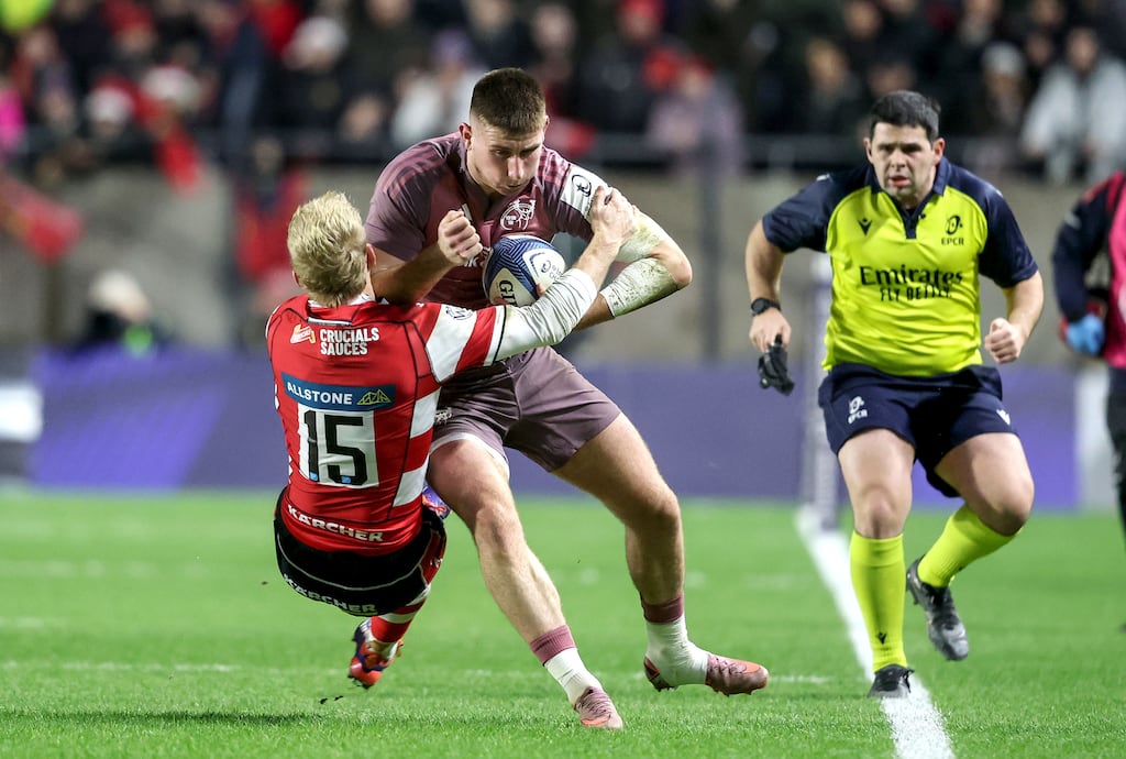 Gloucester's George Barton tackles Munster's Ben O'Connor during the Investec Champions Cup game at SuperValu Páirc Uí Chaoimh. Photograph: Dan Sheridan/Inpho