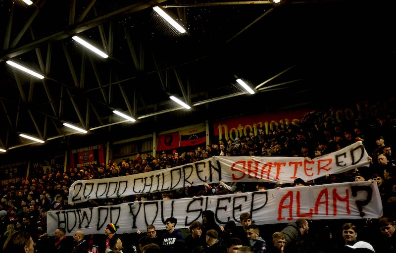 The banner at the centre of Shatter's complaint to the FAI being held up by fans at Bohemian FC's Dalymount Park on February 27th. Photograph: Ryan Byrne/Inpho