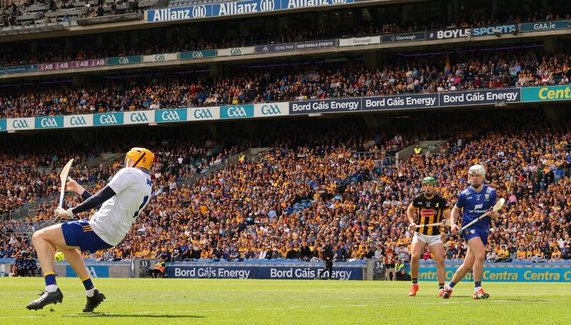 Clare goalkeeper Eibhear Quilligan saves a goalbound effort from Mikey Carey of Kilkenny. Photograph: James Crombie/Inpho 