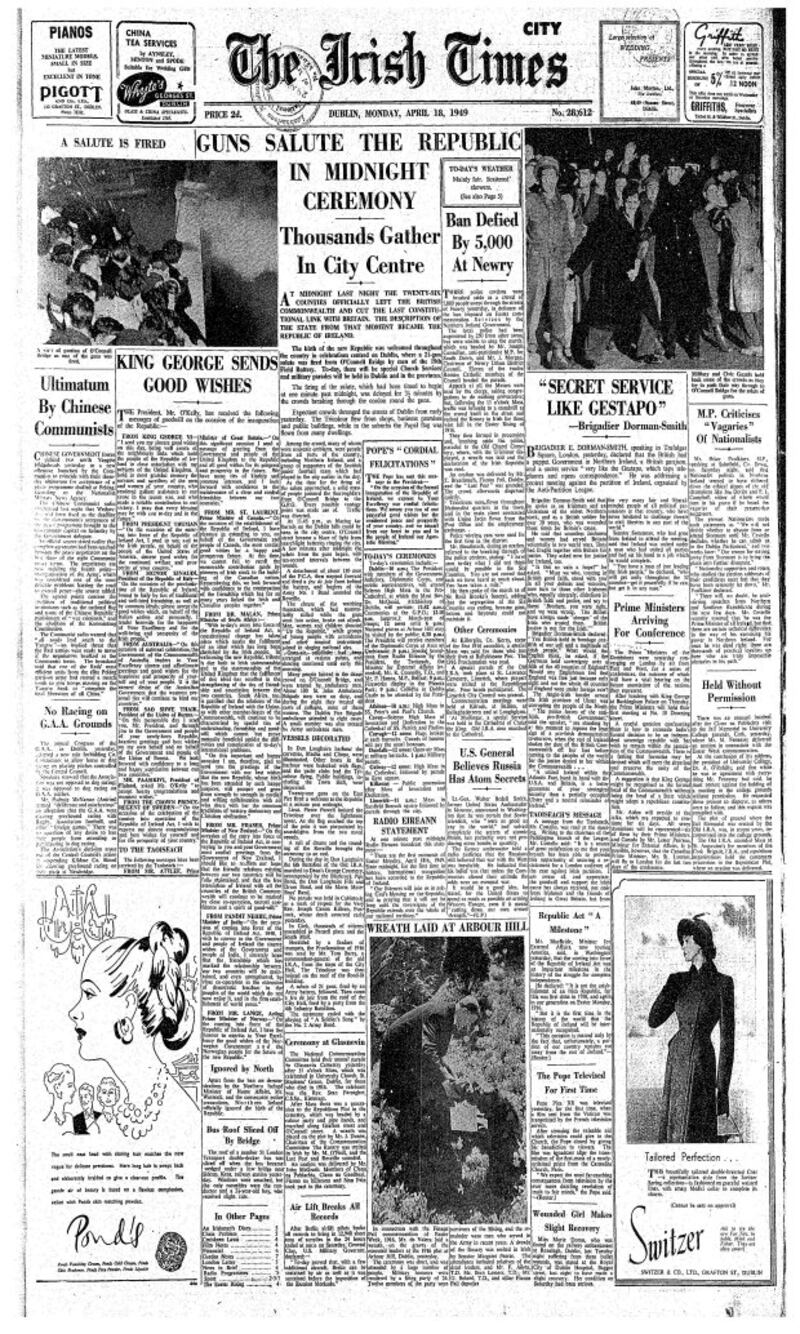 The Irish Times front page the day after the Republic was declared in 1949