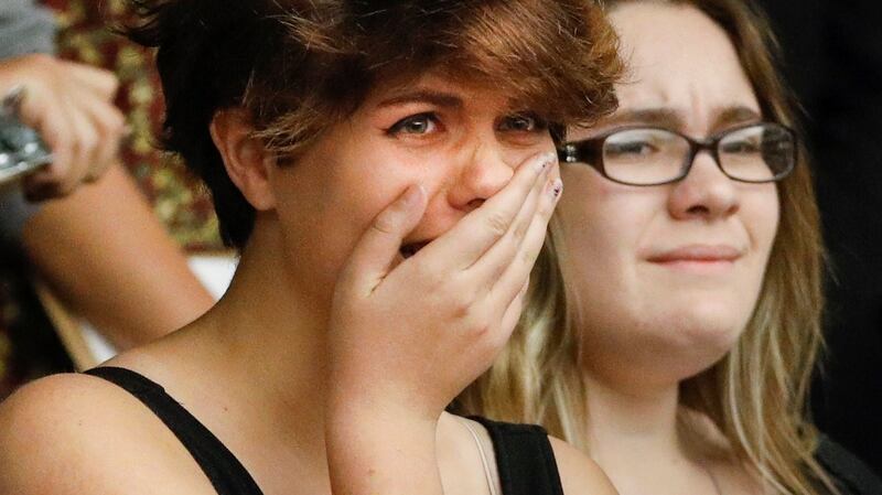 Sheryl Acquaroli and Ashley Santoro, students from Marjory Stoneman Douglas High School, at  the Florida state Capitol in Tallahassee. Photograph:  Colin Hackley/Reuters