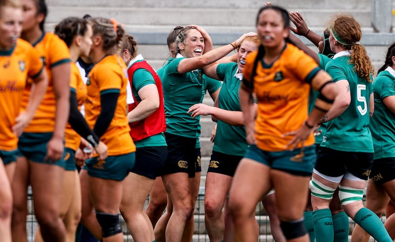 Ireland’s Eimear Considine celebrates with Neve Jones after scoring against Australia. Photograph: Dan Sheridan/Inpho
