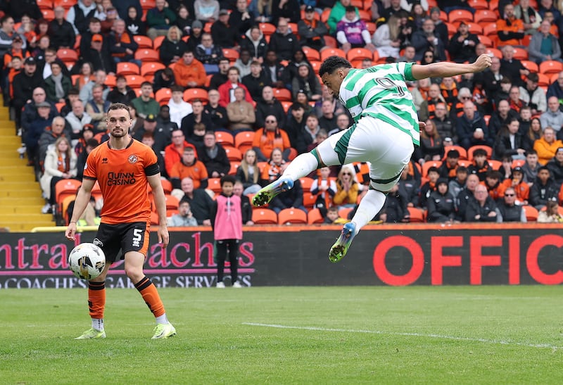 Adam Idah of Celtic scores his team's fourth goal. Photograph: Ian MacNicol/Getty