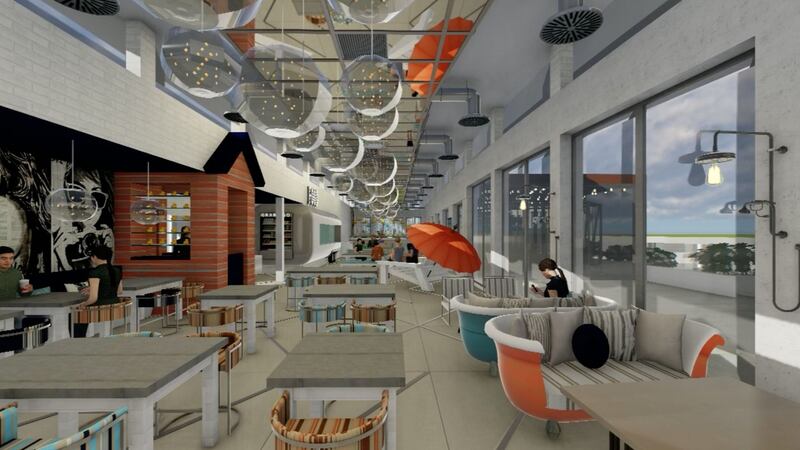 A computer generated image depicting the interior of the restaurant and  bar at The Baths.