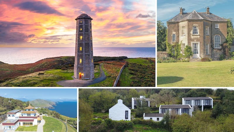 Staycation inspiration (clockwise from top left): Upper Lighthouse Tower, Co Wicklow; Burton House, Co Kildare; Dzogchen Beara, Co Cork; and Bothar Buí, Co Cork