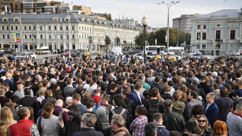 Opposition supporters attend a rally against the efforts to stop opposition candidates  registering for elections to the Moscow City Duma, in central Moscow, Russia. Photograph: Alexander Nemenov/AFP/Getty Images