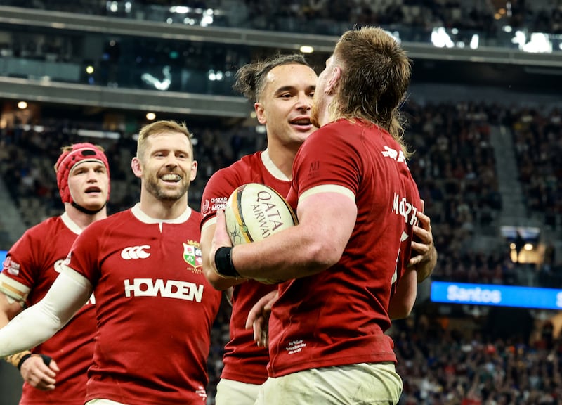 Joe McCarthy celebrates try score with James Lowe. Photograph: Dan Sheridan/Inpho