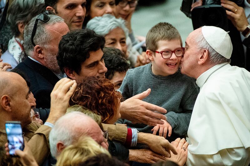 2019. Pope Francis kisses a child at the end of the general audience with members of the Italian Association against Leukemia-Lymphomas and Myeloma, on March 2, 2019, in Paul VI hall at the Vatican. Photograph: Tiziana Fabi / AFP via Getty Images