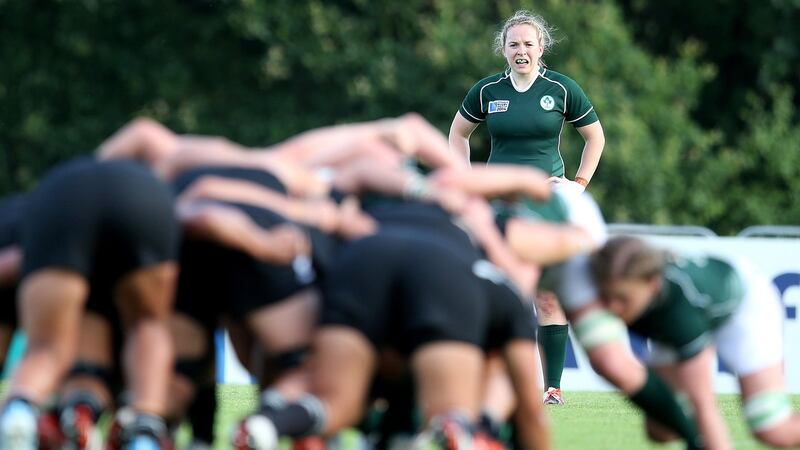 Niamh Briggs looks on as both packs scrum down.  Photograph: Dan Sheridan/Inpho