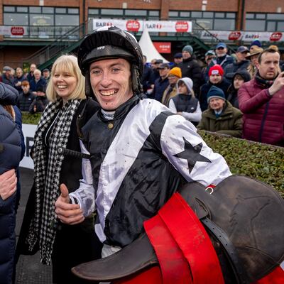 Jack Kennedy celebrates winning on Romeo Coolio at the Fairyhouse Winter Festival, Ratoath, Meath. Photograph: INPHO/Morgan Treacy