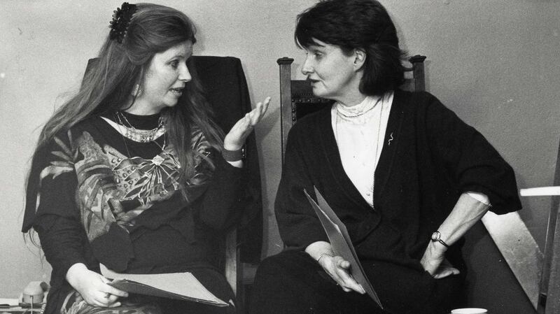 Poets Nuala Ní Dhomhnail (left) and Eavan Boland at the Mna na hEorpa  poetry reading celebration by Irish women poets marking the occasion of International Women’s Day in the Abbey Theatre  attended by President Mary  Robinson in 1992. Photograph: Matt Kavanagh