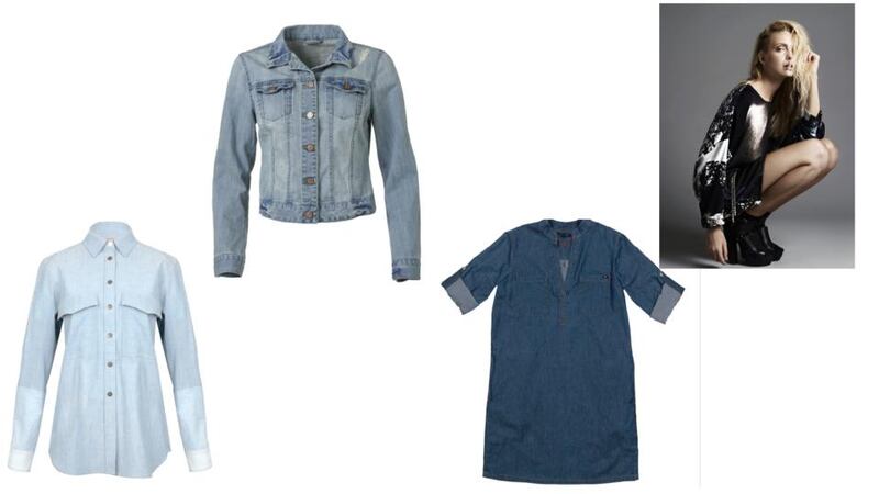 Above left to right:  chambray shirt (€295), by Victoria Beckham Denim at BT2;  denim jacket (€19), at Penneys;  denim dress (€150), at Tommy Hilfiger;  printed jersey dress (€185), by Diesel at Arnotts