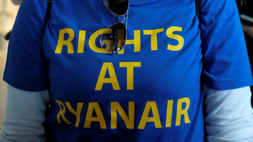 A Ryanair worker taking part in a protest in Valencia, Spain, in September. Photograph: Heino Kalis/File Photo/Reuters