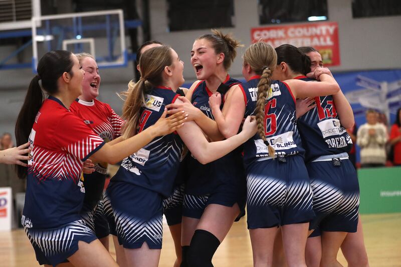 Gurranabraher Credit Union Brunell players celebrate after their victory over Killester in the National Cup semi-final at Neptune Stadium, Cork. Photograph: Bryan Keane/Inpho 