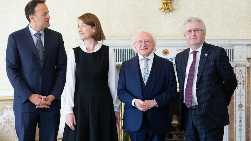 Leo Varadkar, President Michael D Higgins and Séamus Woulfe with Ms Justice Mary Irvine on the day she was appointed to the Supreme Court in May 2019. Photograph: Tom Honan
