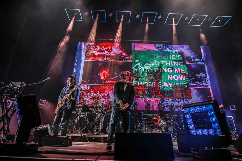 DUBLIN, IRELAND - SEPTEMBER 21: Aaron Dessner, Matt Berninger & Bryce Dessner of The National performs at The 3Arena Dublin on September 21, 2023 in Dublin, Ireland. (Photo by Debbie Hickey/Getty Images)