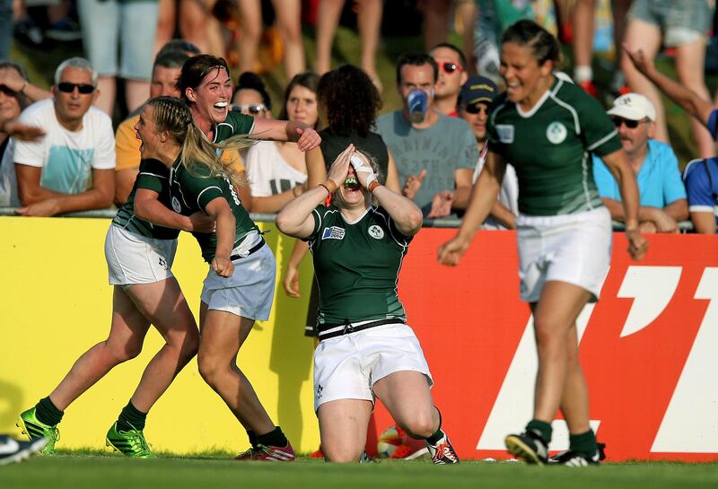 Ireland players react after the final whistle confirms their victory over New Zealand at the 2014 World Cup. Photograph: Dan Sheridan/Inpho