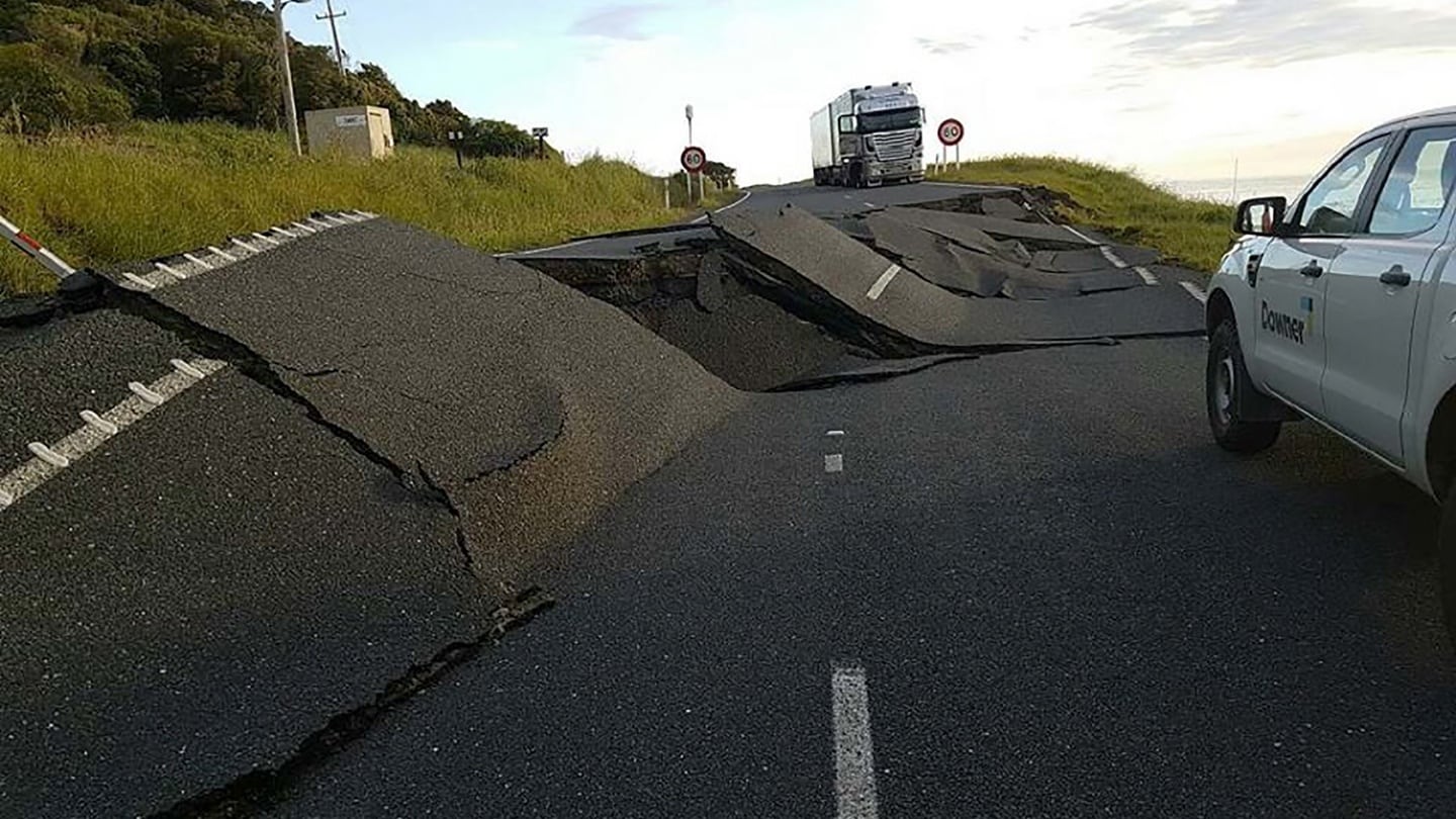 Earthquake damage to State Highway One near Oaro on the South Island’s east coast. Photograph: AFP/New Zealand Transport Agency/STRSTR/Getty