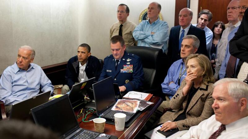US President Barack Obama, Vice President Joe Biden, Secretary of State Hillary Clinton and members of the national security team receive an update on the mission against Osama bin Laden in the Situation Room of the White House May 1, 2011 in Washington, DC. Photograph: Pete Souza/The White House via Getty Images