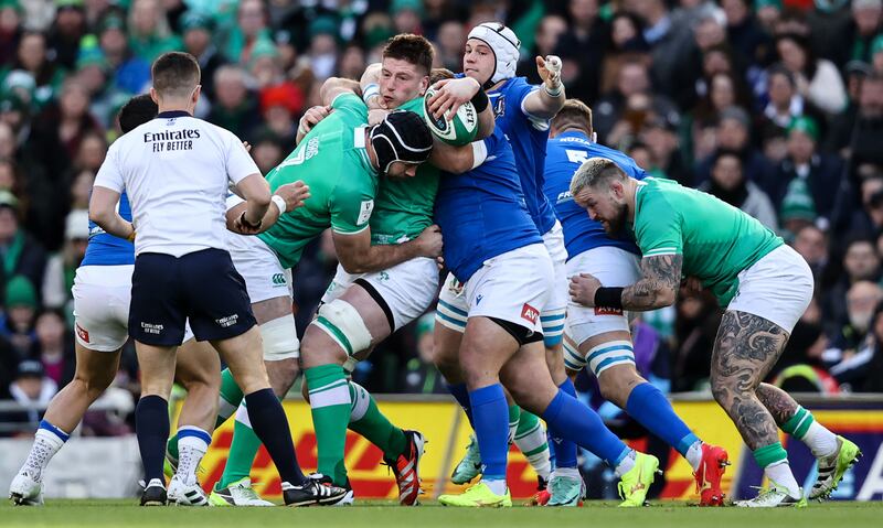 Ireland’s Joe McCarthy in the maul. Photograph: Ben Brady/Inpho