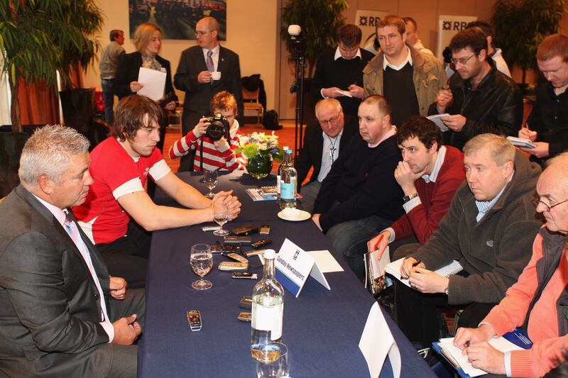 Wales coach Warren Gatland, left, speaks to the media. Photograph: Warren Little/Getty