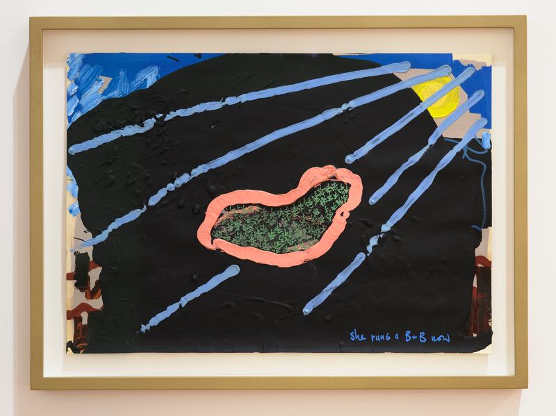 Laura Fitzgerald, Mrs Nolan (She runs a B&B now) Oil paint, paint marker on primed paper
30 x 42cm, 2024. Photograph: Ros Kavanagh