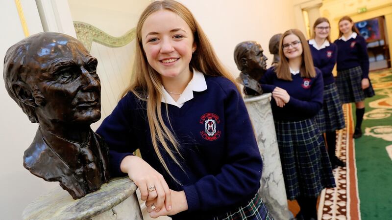 Students from Our Lady’s, Terenure  Lily Thorup, Sarah Norris, Isabel McLoughlin and Jenny Lynch at Áras an Uachtaráin to mark the launch the the Irish Young Philosopher Awards. Photograph: Maxwell Photography