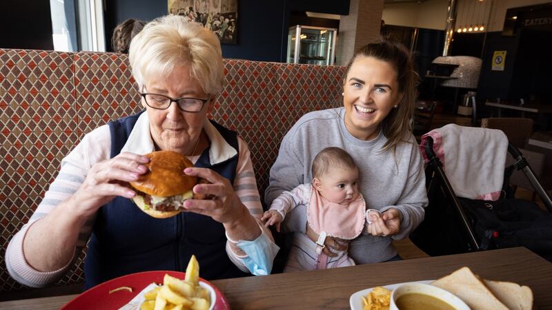 Sheila McGlinchey with her baby Teagan McGonagle and grandmother Rachel McGlinchey, from Buncrana, Co Donegal, enjoying lunch in Caffé Fresco.  Photograph:   Joe Dunne