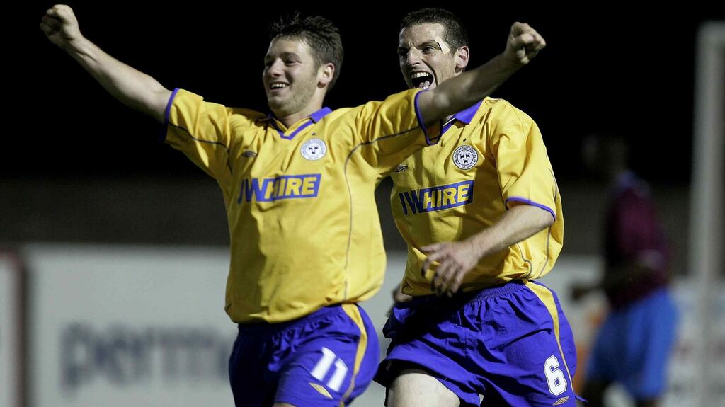 Wes Hoolahan celebrates scoring for Shelbourne with Jim Crawford back in 2004. Photo: Morgan Treacy/Inpho