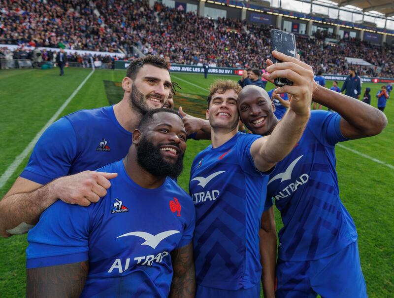 2022 Autumn Nations Series, Stadium de Toulouse, France 20/11/2022
France vs Japan
France’s Charles Ollivon, Dany Priso, Damian Penaud and Bastien Chalureau after the game
Mandatory Credit ©INPHO/James Crombie