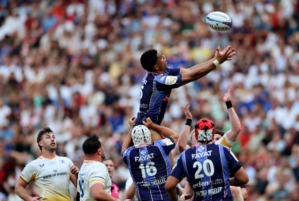 Bordeaux Bègles' Salesi Rayasi claims the ball during the Champions Cup final. Photograph: James Crombie/©INPHO