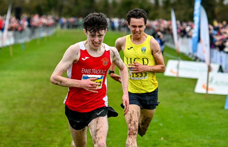 Niall Murphy and Jonas Stafford race for the finish line. Photograph: Ben McShane/Sportsfile