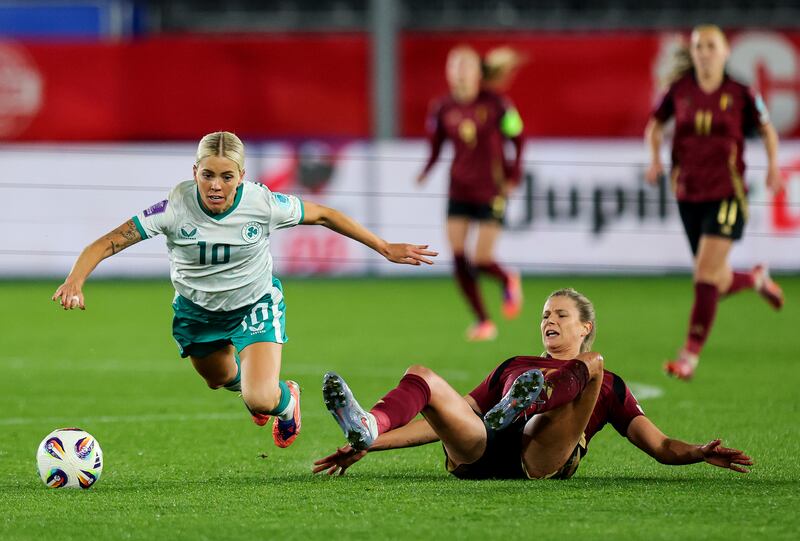 Denise O'Sullivan is fouled by Belgium's Ella Van Kerkhoven. Photograph: Ryan Byrne/Inpho