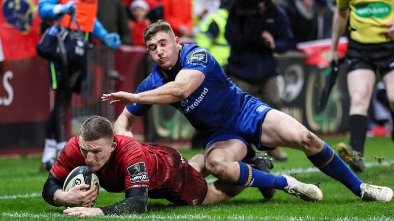 Former Blackrock College schoolboy   Leinster player Andrew Conway scoring a try against his native province for Munster at Thomond Park last week. Photograph: Billy Stickland/Inpho