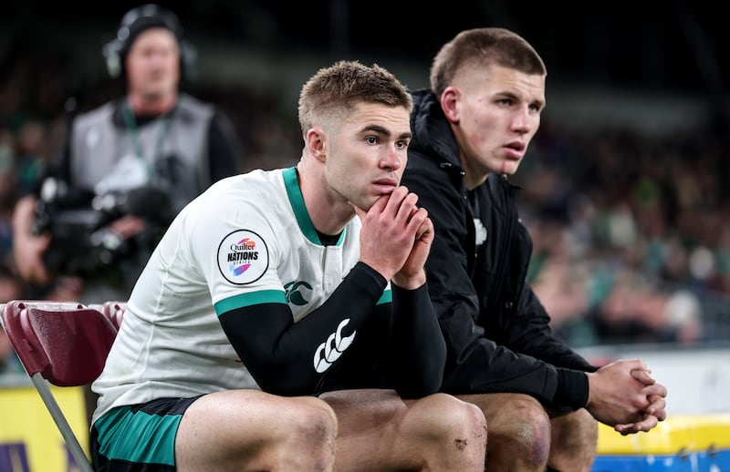 Ireland's Jack Crowley and Sam Prendergast on the bench after both having been yellow carded against South Africa. Photograph: Dan Sheridan/Inpho