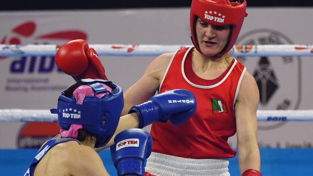 Kellie Harrington during her semi-final win over Karina Ibragimova of Kazakhastan. Photograph: Money Sharma/Getty Images