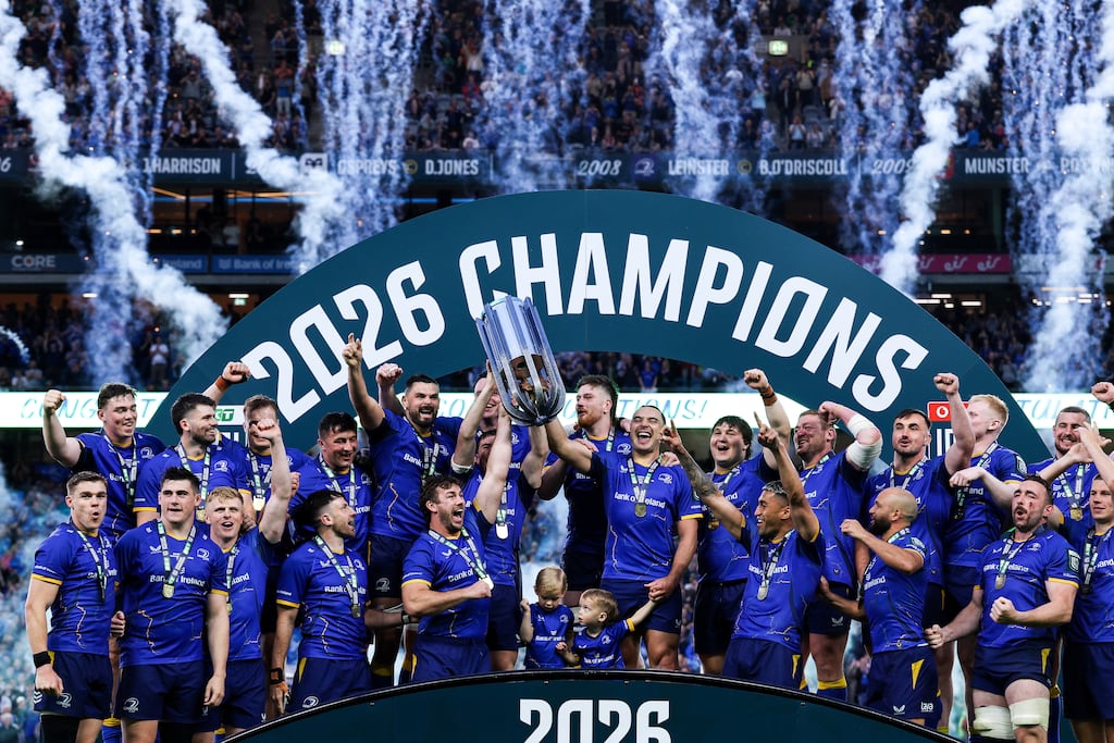 Leinster celebrate with the URC trophy after beating Bulls in the grand final at Croke Park in June. Photograph: Ben Brady/Inpho