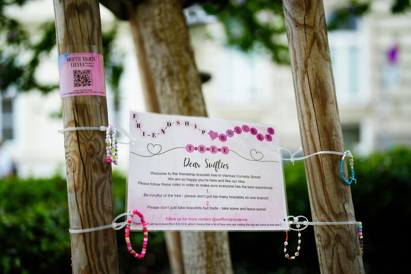 Beaded bracelets hang on a "friendship bracelet tree" to pay tribute to Taylor Swift after her three concerts were cancelled in Vienna. Photograph: Eva Manhart/Getty Images
